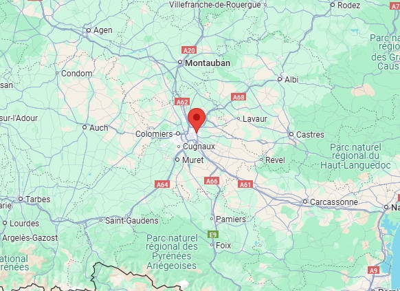 Carte de la région autour de Toulouse, France, centrée sur un marqueur rouge. Villes et autoroutes visibles A62, A64, A61.