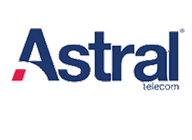 Logo Astral en bleu avec accent rouge et point gris, et texte Telecom en dessous.