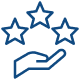 Main stylisée tenant trois étoiles bleues, symbolisant la qualité du service, les avis clients ou une récompense.