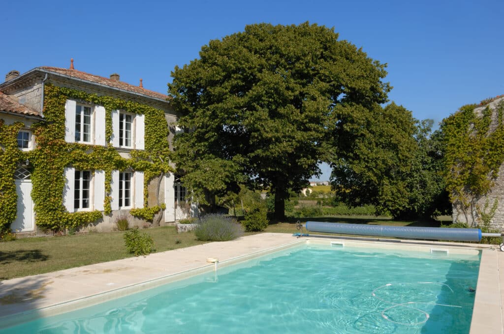 Maison de campagne en pierre couverte de lierre, avec piscine turquoise et grand arbre. Le paysage est ensoleillé sous un ciel bleu.
