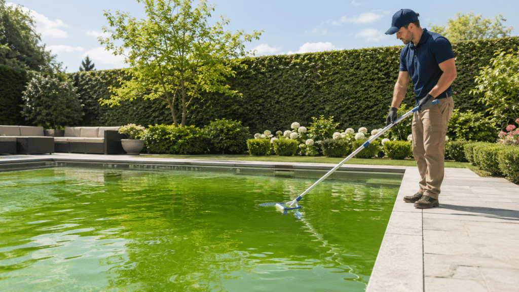 Professionnel nettoyant une piscine à l'eau verte avec un balai brosse dans un jardin avec haie.